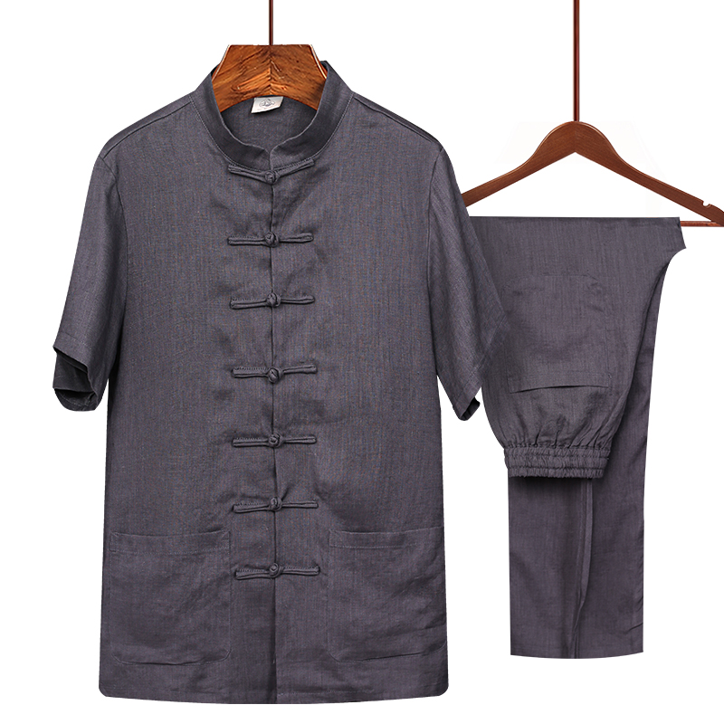 Pure Hemp Short Sleeve Shirt Suit Dad Men's Clothing Middle Aged Tang Loaded Men China Wind Linen Grandpa Clothes Summer