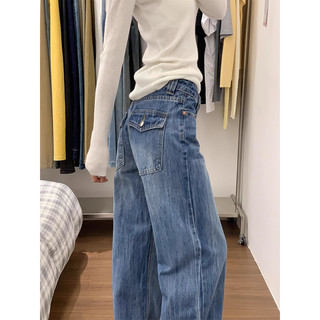 复古蓝阔腿牛仔裤女秋冬2026新款爆款美式低腰宽松休闲直筒拖地裤