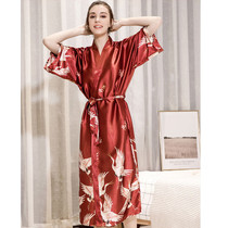 Ice silk pajamas female crane luxury long robe female size sexy bride morning robe Half sleeve home clothes women Summer