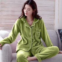 Flannel pajamas female winter thickening plus velvet Japanese avocado green ins Super fire autumn and winter warm home clothing