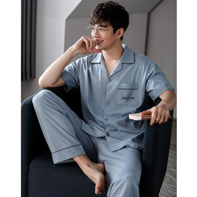 Sleepwear Male Pure Cotton Summer Style Short Sleeve Long Pants Pure color Home Suit Thin all cotton large size for men's up and up