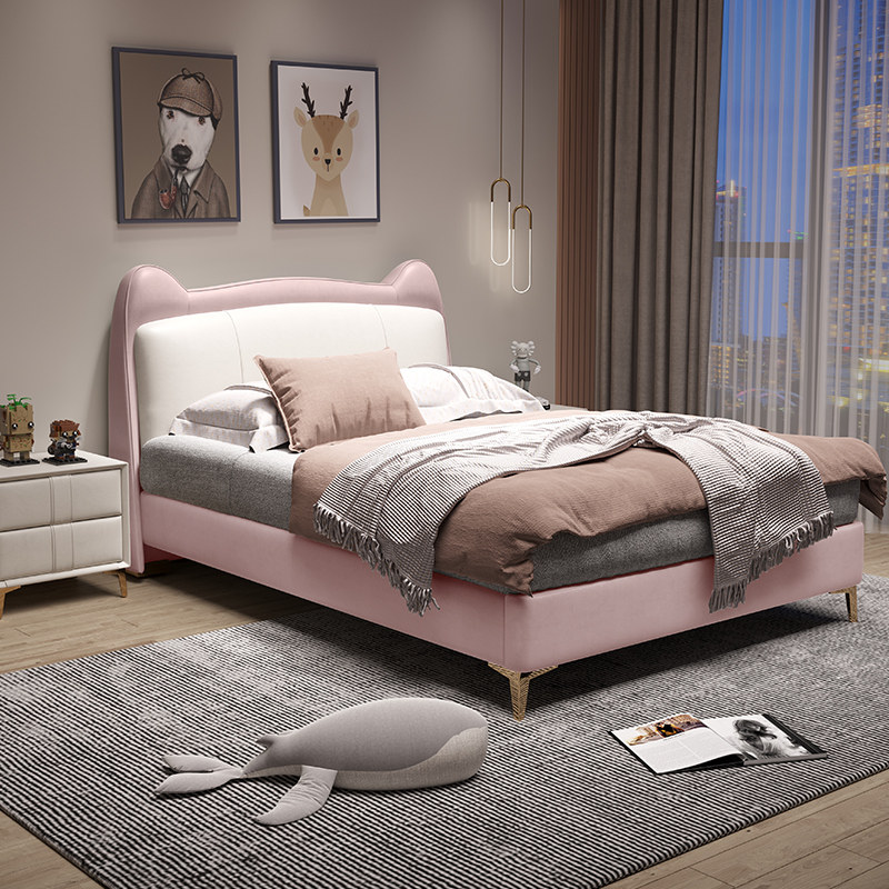 Light Extravagant Genuine Leather Girl Pink White Princess Bed Bedroom Net Red Cartoon Creative Boy Teenagers Nordic Solid Wood Furniture