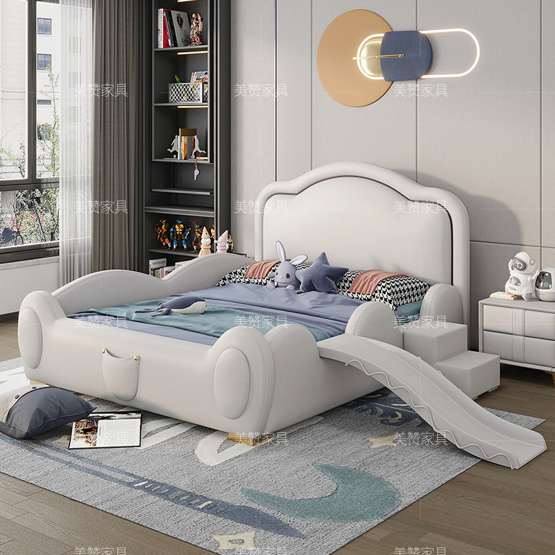 White boy Children's bed genuine leather light extravagant teenager Single 1 5 m guard rail with slide girl princess ins