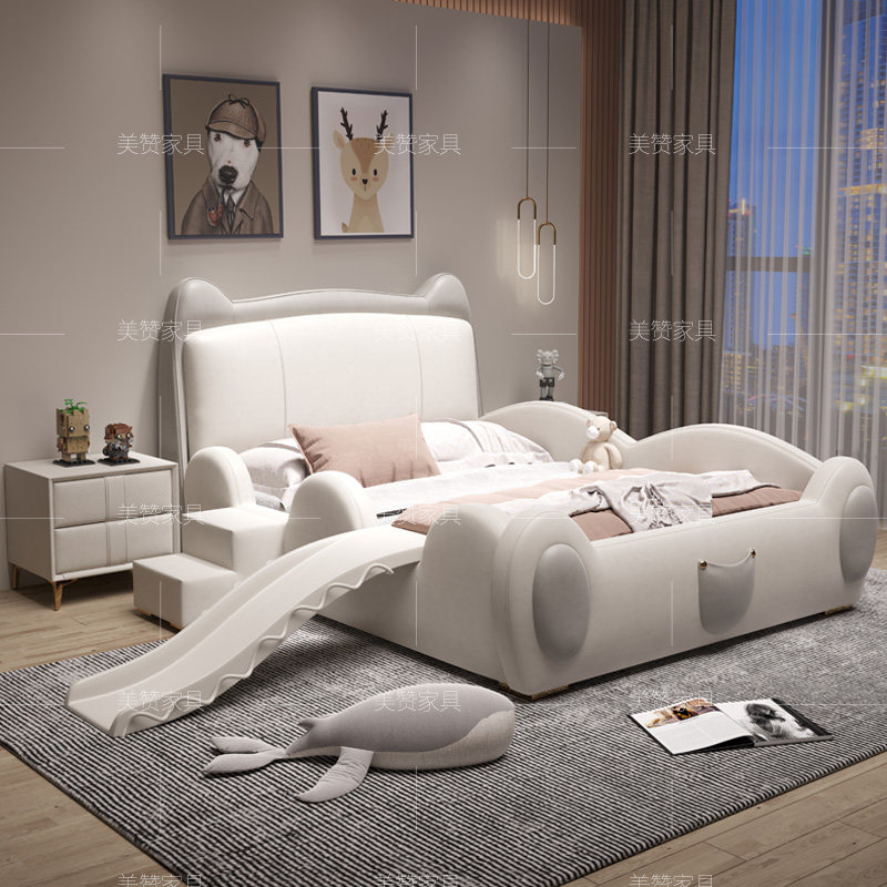 Genuine Leather Children Bed Cartoon Creative Dragon Cat Bed Male Girl Teen Single Beds Light Lavish red is Bedroom furniture