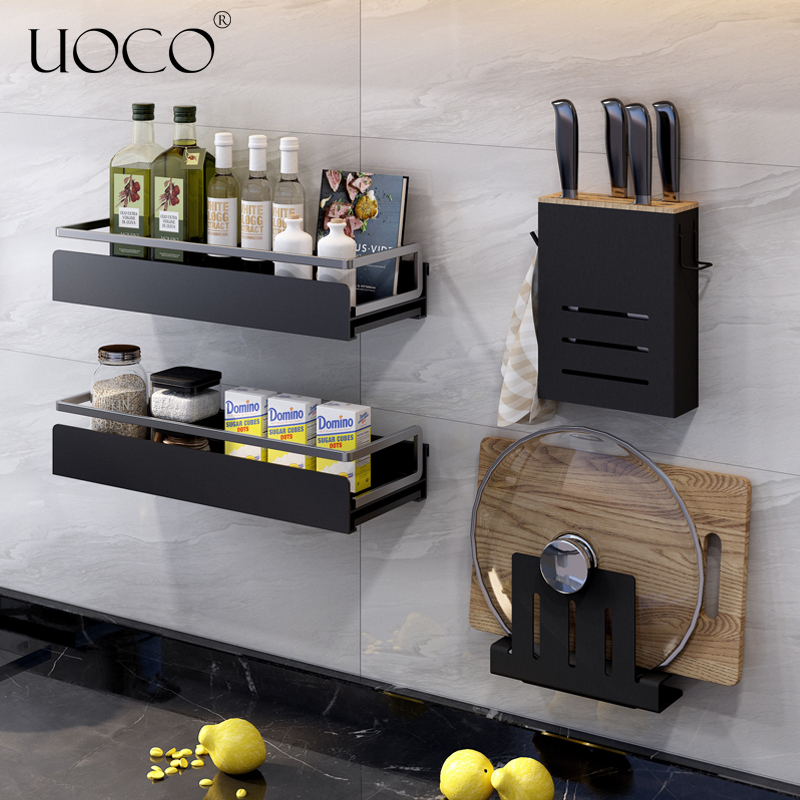 Non-perforated space aluminum kitchen shelf Seasoning storage rack Wall knife rack Wall-mounted pot cover rack Cutting board rack