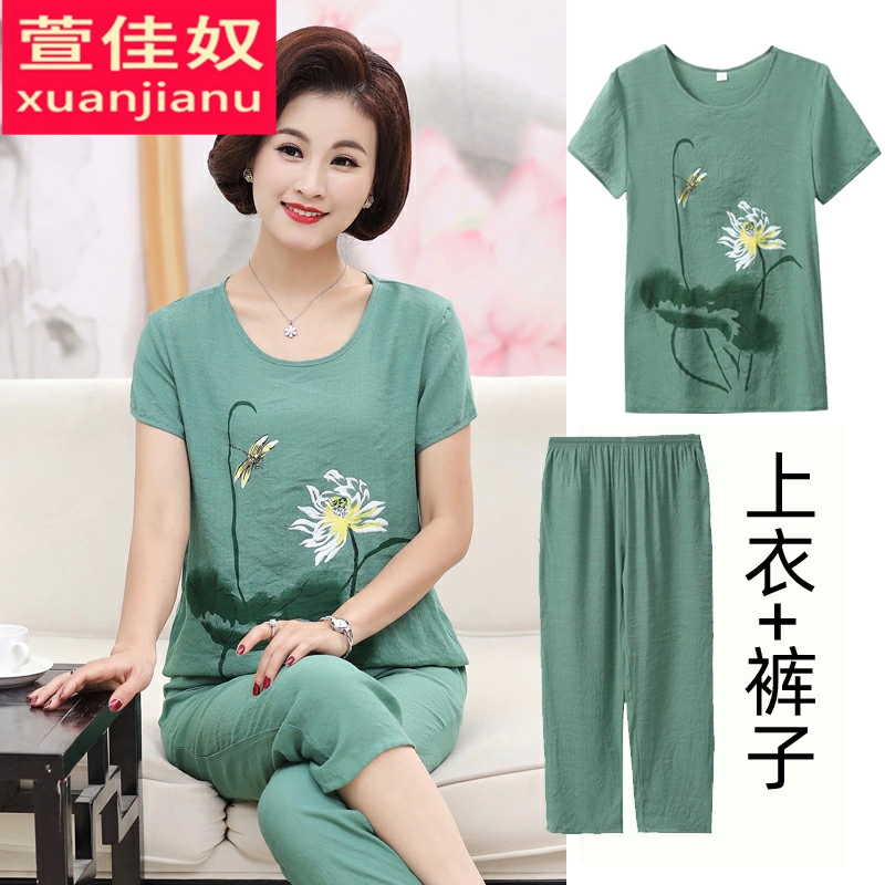 Bộ đồ nhỏ cho mẹ trung niên và người già áo thun ngắn tay rộng kích thước lớn mùa hè cotton và vải lanh hai mảnh trên tuổi trung niên - Quần áo của mẹ