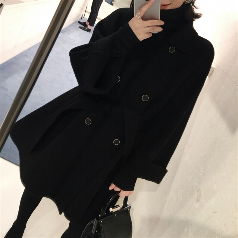 Hepburn-Style Double-Breasted Wool Coat for Women, Mid-Length, Black, Thickened, Korean Style, Straight Cut, 2026, Casual and Relaxed