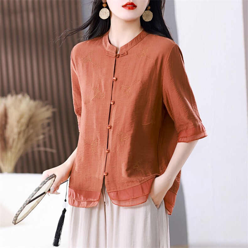 Chinese-Style Loose Stand-Collar Buttoned Half-Sleeve Shirt for Women, Fashionable Orange Cotton-Linen Top, High-End Japanese Style This Year