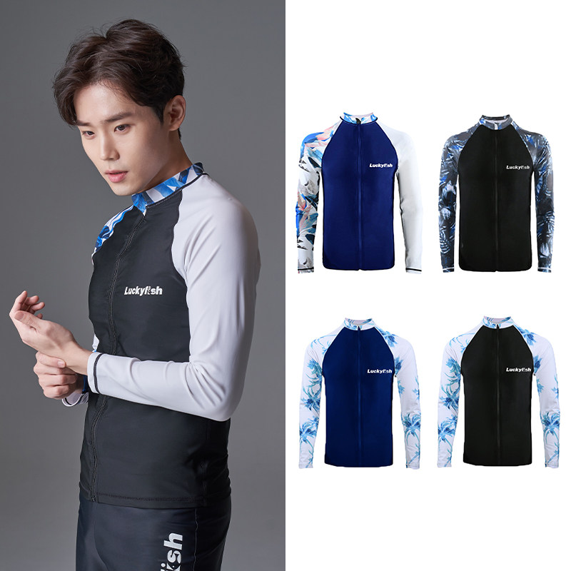 LuckyFish men swimsuit split sunscreen jersey jersey jersey zipper swimming suit speed dry snorkeling drift
