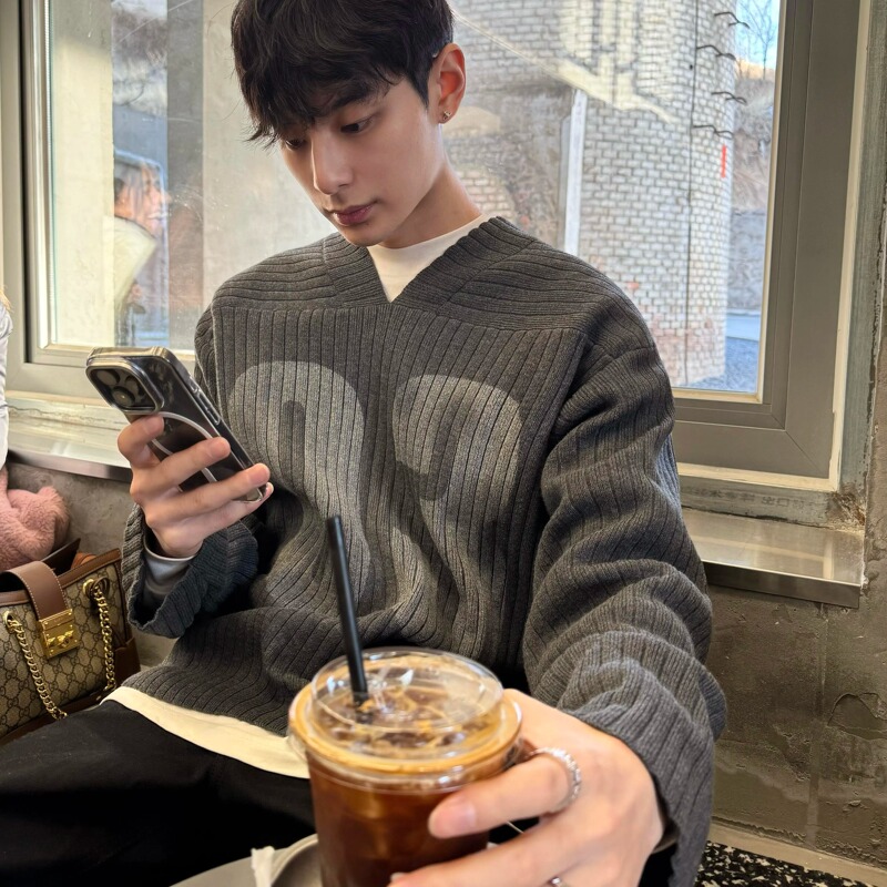 Korean Cleanfit American Retro Loose Sports V-Neck Sweater Anti-Stripe Knitted Long-Sleeved Knitted Jersey Jacket