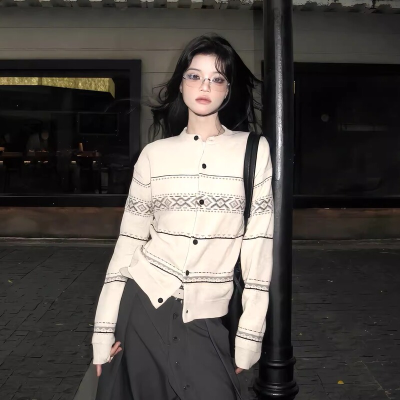 Korean Fair Isle High Intelligence Academy Style Jacquard Texture Wool Knit Cardigan Sweater