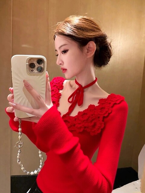 Spring Korean-Style Top, Unique and Super Pretty, Stylish, Age-Reducing, High-End, Soft and Lazy Style, Red Knit Sweater