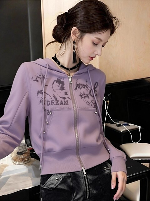 Purple Hooded Sweatshirt for Women, 2026 Spring Hot Item, Petite, Fashionable, Unique, Beautiful, Age-Reducing Zipper Jacket