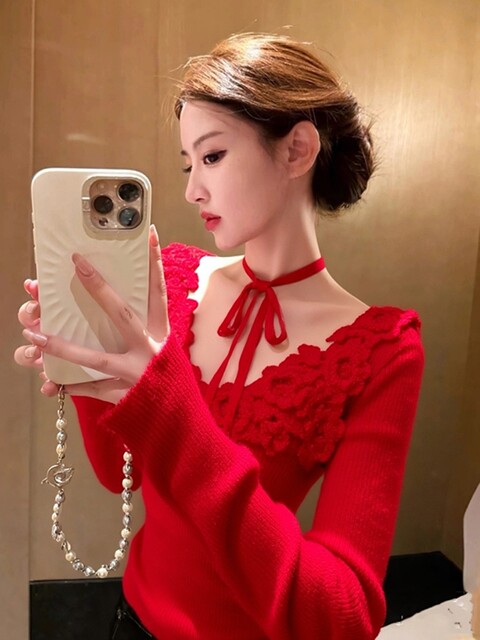 Spring Korean-Style Top, Unique and Super Pretty, Stylish, Age-Reducing, High-End, Soft and Lazy Style, Red Knit Sweater