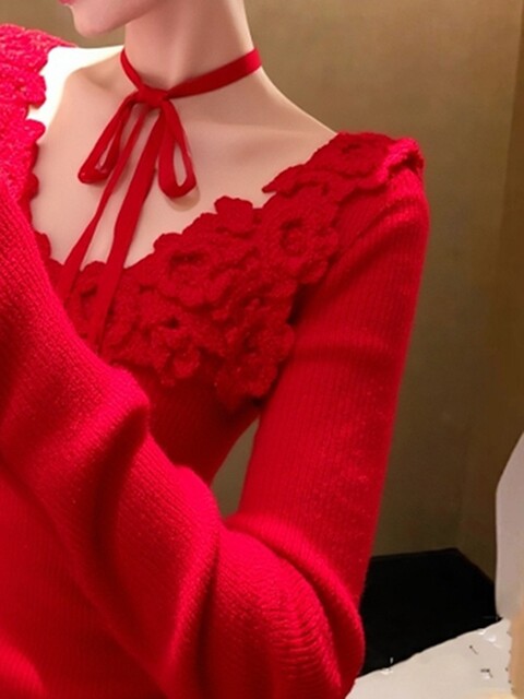 Spring Korean-Style Top, Unique and Super Pretty, Stylish, Age-Reducing, High-End, Soft and Lazy Style, Red Knit Sweater