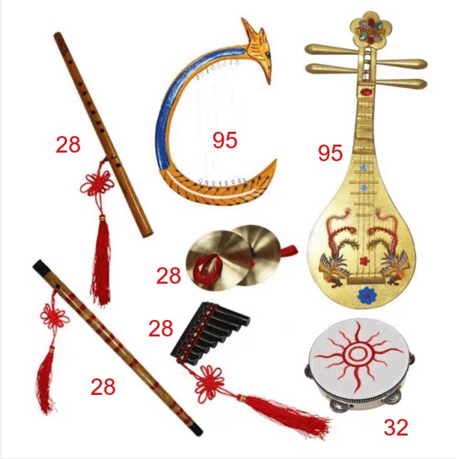 唐宮夜宴の図表、舞台小道具、琵琶、箏、横笛、縦笛、パンパイプ、タンバリン、舞踊撮影用小道具