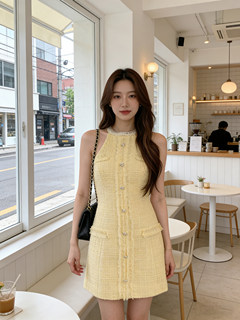 French exquisite ladylike style halterneck dress rich girl style tweed sleeveless slim skirt