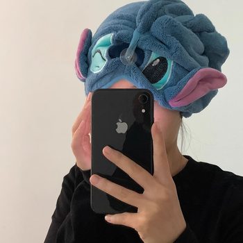 Stitch Cartoon Hair Drying Cap for Women, Strong Water Absorption, Quick-Drying Shower Cap, Head Wrap, Coral Fleece Thickened Hair Towel for Home Use