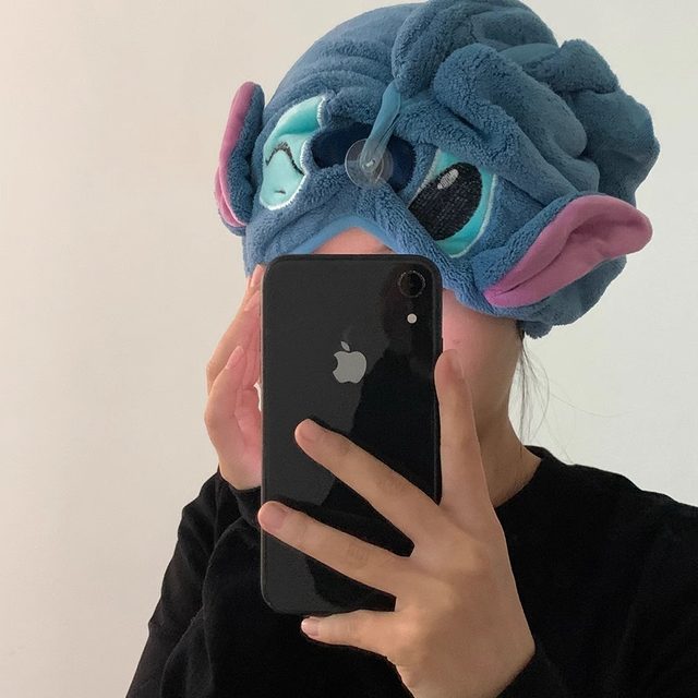 Stitch Cartoon Hair Drying Cap for Women, Strong Water Absorption, Quick-Drying Shower Cap, Head Wrap, Coral Fleece Thickened Hair Towel for Home Use