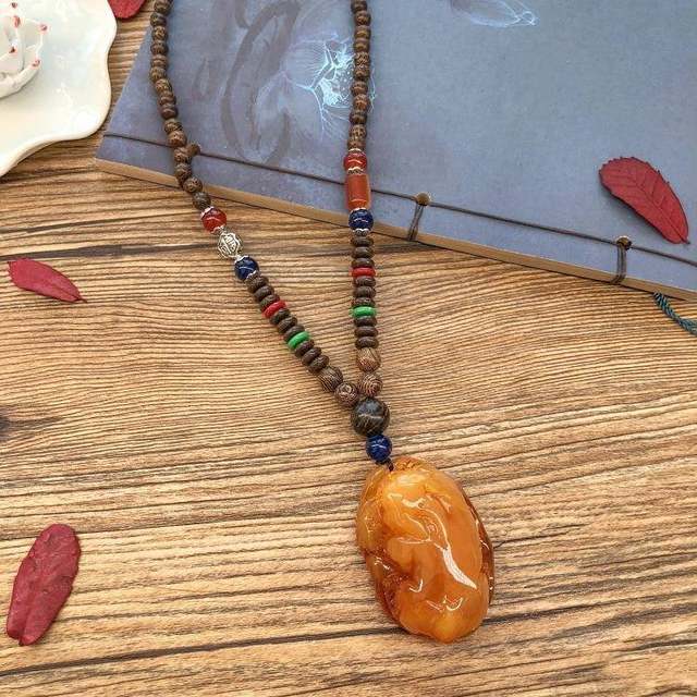 Vintage Ethnic Style Chicken Wing Wood Second-Generation Old Beeswax Necklace Unisex Versatile Amber Pendant Long Sweater Chain Accessory