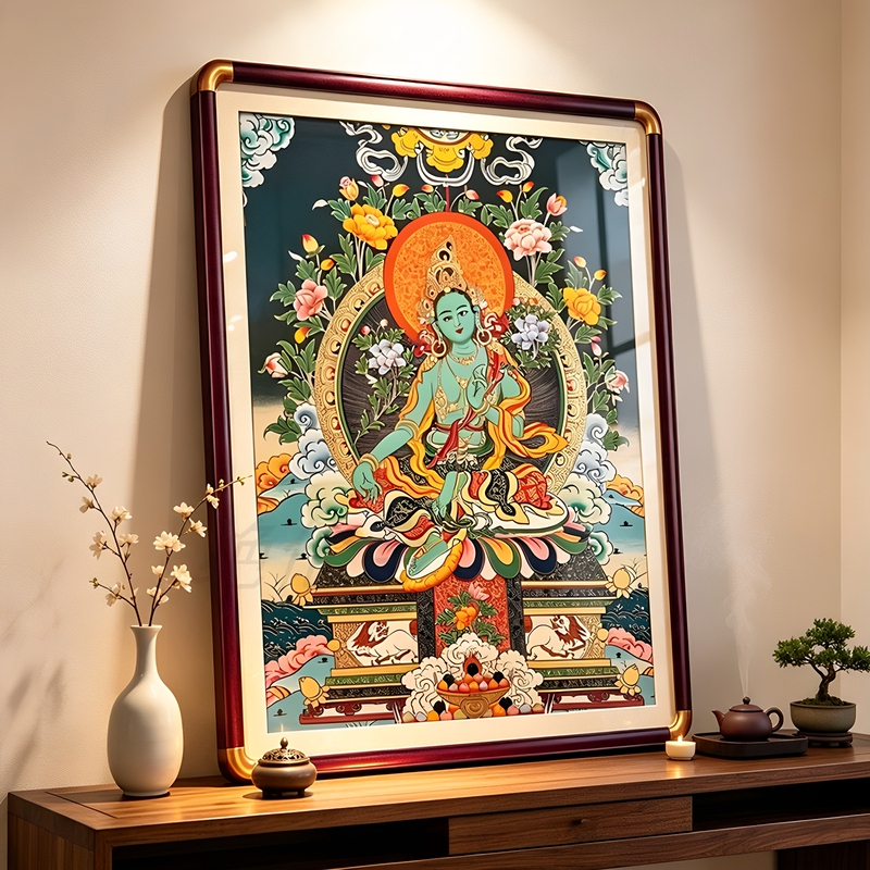 Green Tara Thangka Tibetan Bodhisattva Image Buddhist Hall Health Center Tea Room Decorative Hanging Painting Offering Buddha Statue Wall Art with Frame Green Tara Thangka Tibetan Bodhisattva Image Buddhist Hall Health Center Tea Room Decorative Hanging Painting Offering Buddha Statue Wall Art with Frame