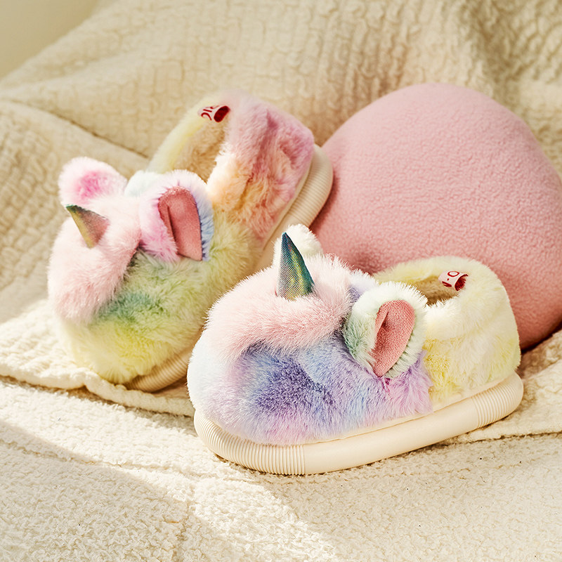 Unicorn baby slippers girls 2022 new autumn and winter princess girls plus velvet indoor children's cotton slippers winter