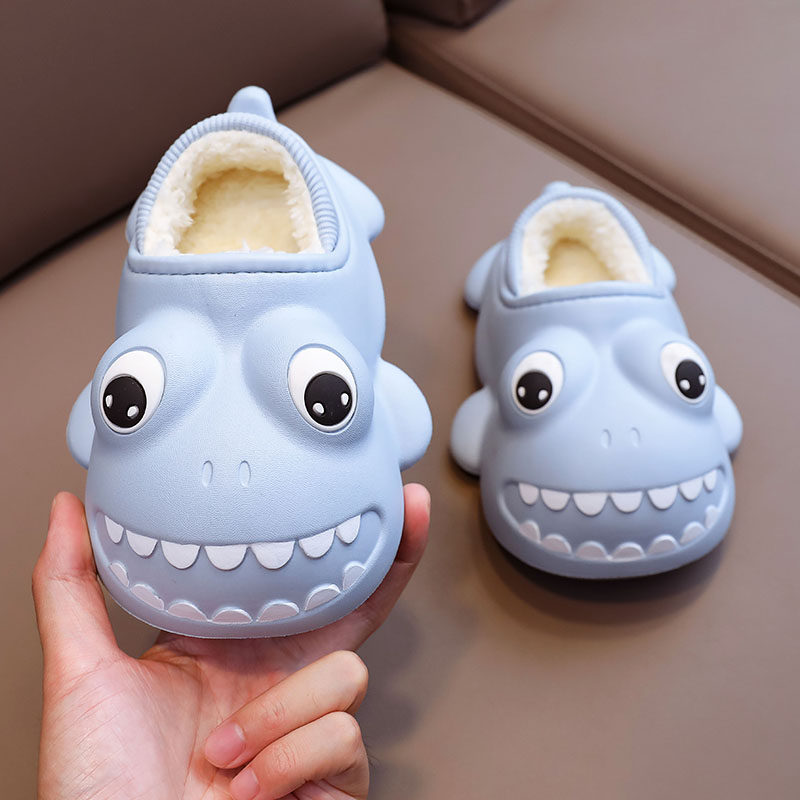 Shark children's cotton slippers boys and girls autumn and winter cute plus velvet indoor shoes non-slip warm big children's fur slippers