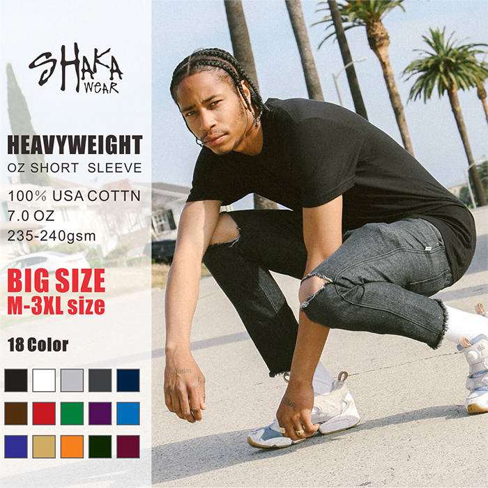 Shakawear American Hip-Hop Solid Color Small Neckline Plus Size Loose Heavyweight Base Short-Sleeve T-Shirt for Men Trendy