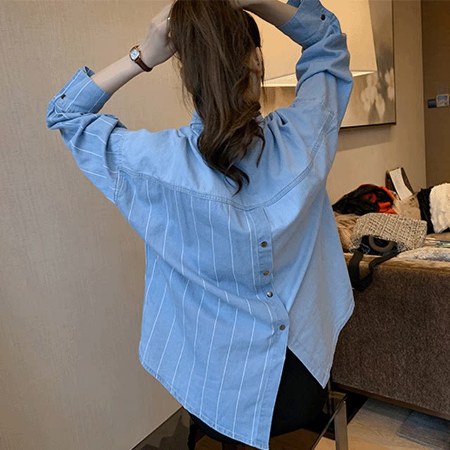 Denim shirt women's spring and autumn new Korean version loose lazy wind outerwear Hong Kong style striped shirt casual all-match coat