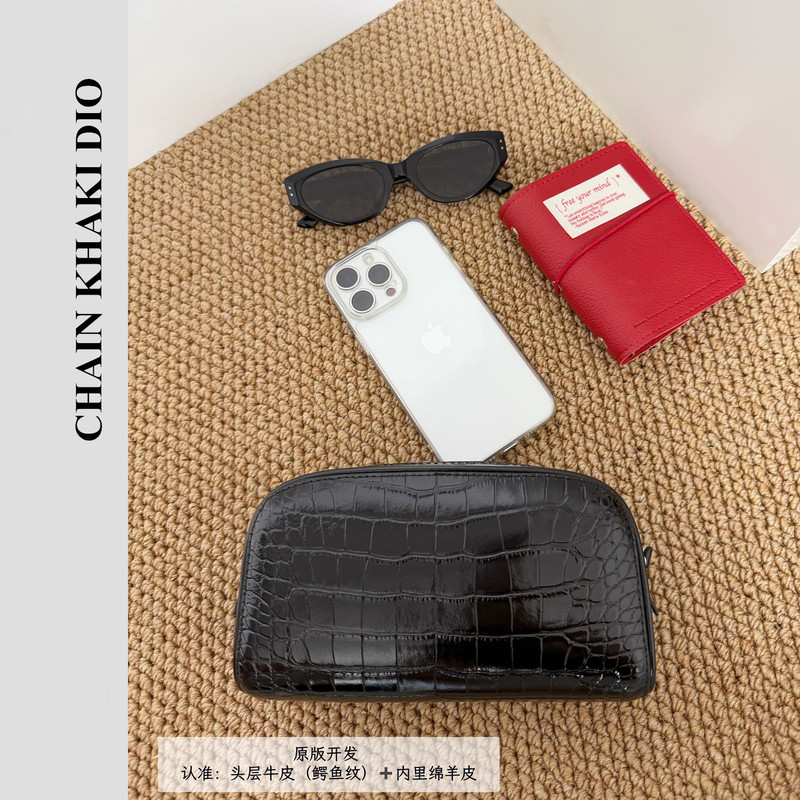 First-Layer Cowhide Handbag, Light Luxury Crocodile Pattern Clutch Bag, Women's Black Genuine Leather Cosmetic Bag, Fashionable Casual Storage Bag