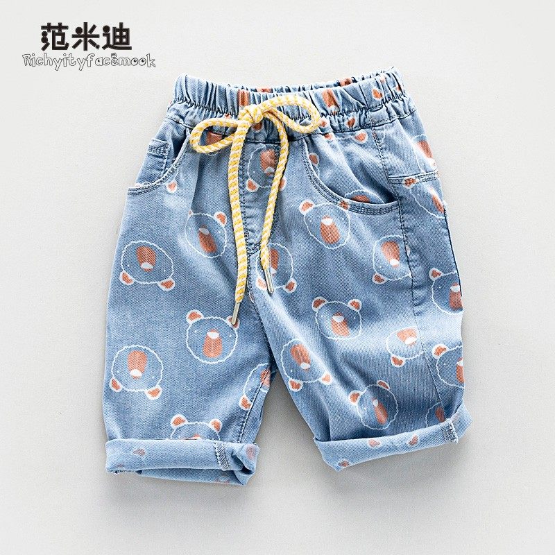 Baby jeans Girls baby baby print pants can open up children five - point pants big pp baby shorts