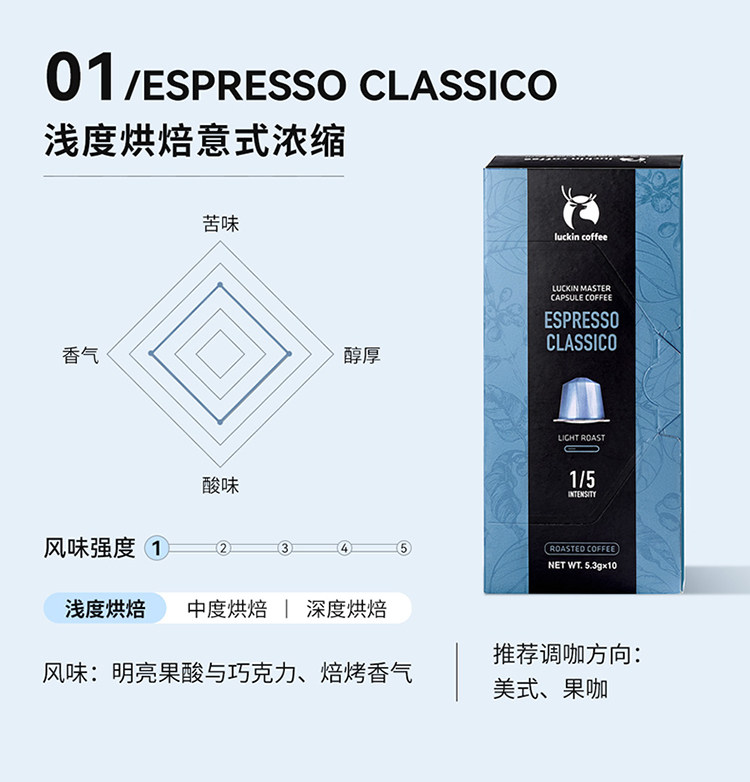 【中国直邮】 瑞幸咖啡 原装进口胶囊咖啡粒 适配nespresso胶囊机 03醇厚意式浓缩-中度烘焙10枚/盒