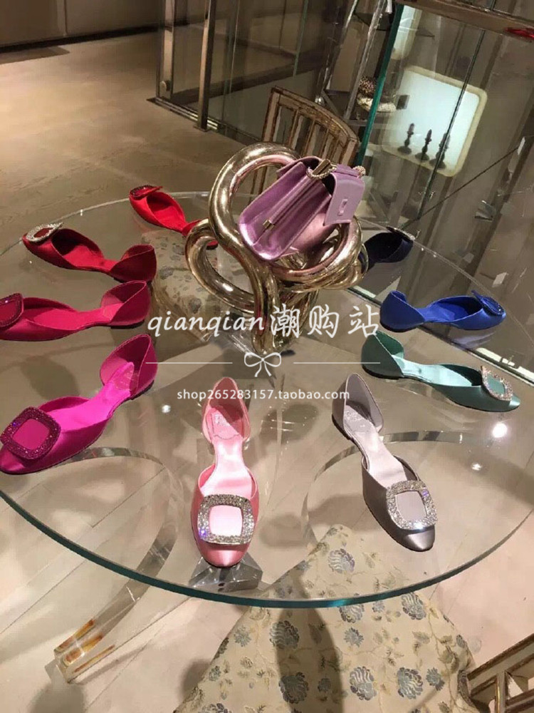 RV women's shoes chips single shoes rhinestone square buckle satin rv flat shoes hollow round toe wedding shoes