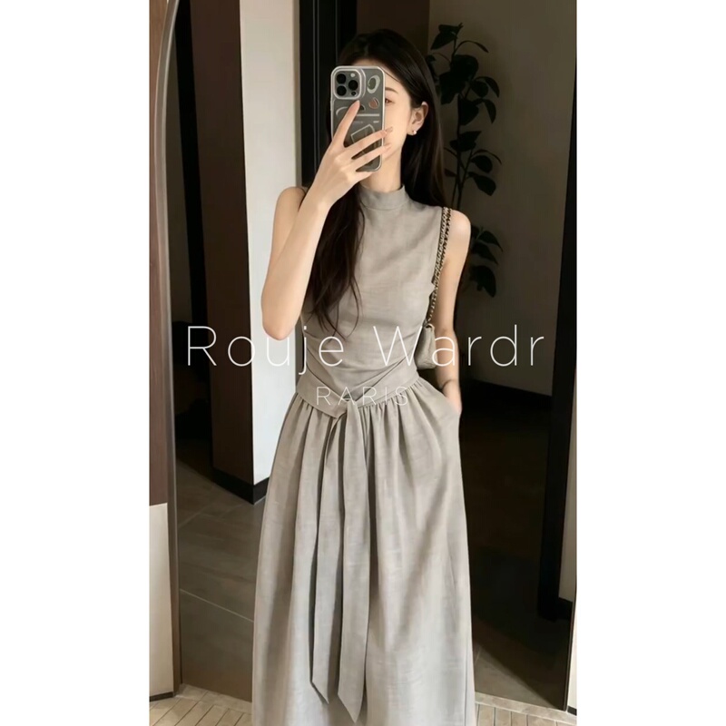 Rouje Wardr French Old Money Style Sleeveless Vest Dress Women's Summer Vacation Style Waist-Cinching Linen Long Dress
