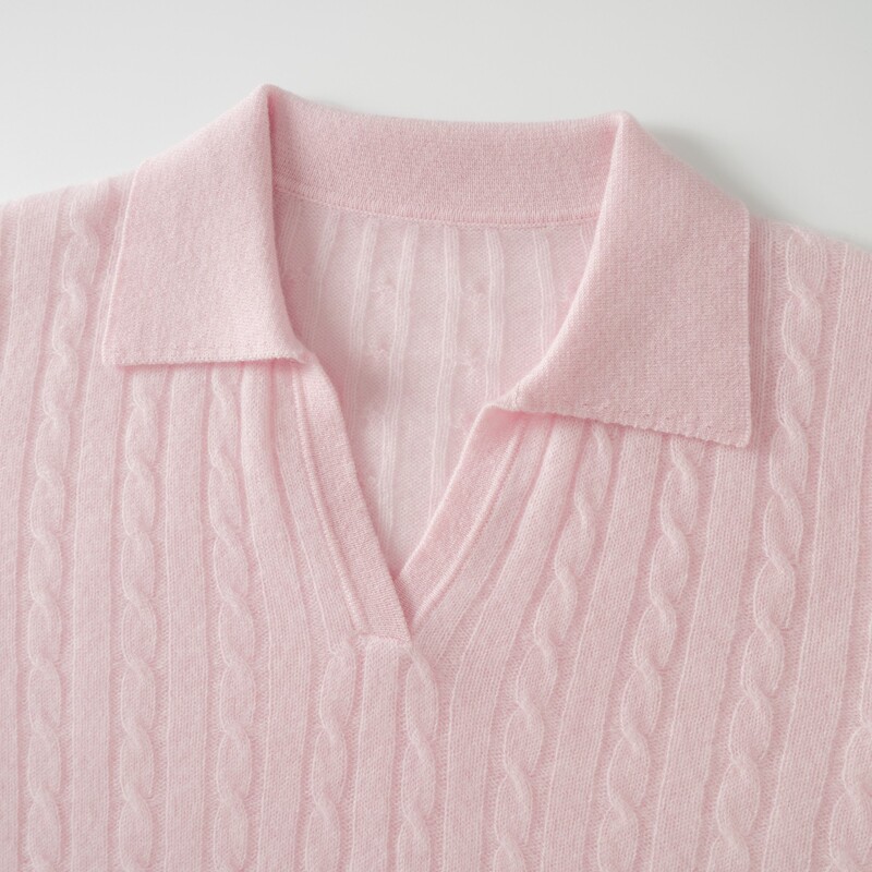 Guo Jingqiu Lazy Style Thin Polo Collar Cable Knit Sweater Women's Long-Sleeve Turn-Down Collar Cashmere Sweater Pink Guo Jingqiu Lazy Style Thin Polo Collar Cable Knit Sweater Women's Long-Sleeve Turn-Down Collar Cashmere Sweater Pink
