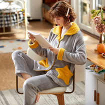 Pajamas womens autumn and winter coral fleece cardigan two-piece suit large size flannel pajamas womens winter Korean style fresh home clothes