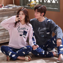 Autumn and winter couples flannel pajamas suit plus velvet warm coral fleece men and women cartoon sports can wear home clothes