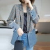 Khí chất denim khâu nữ áo khoác ngắn kẻ sọc giản dị bộ đồ nhỏ Châu Âu ga mùa thu 2021 phụ nữ mới hàng Châu Âu - Áo khoác ngắn