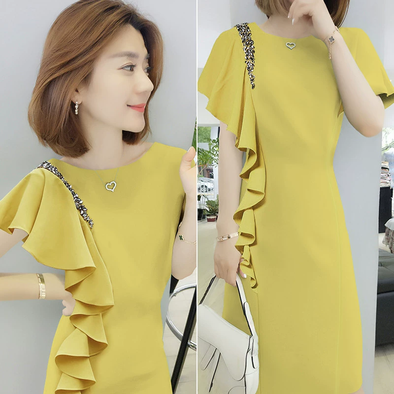 Màu vàng cá tính thiết kế ý nghĩa gói mỏng trang phục hông khí ga Châu Âu 2020 hè mới hàng nữ Châu Âu phiên bản Hàn Quốc - Váy eo cao