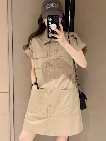 黑色工装连衣裙2025早秋新款女大码胖MM收腰小个子短袖衬衫A字裙