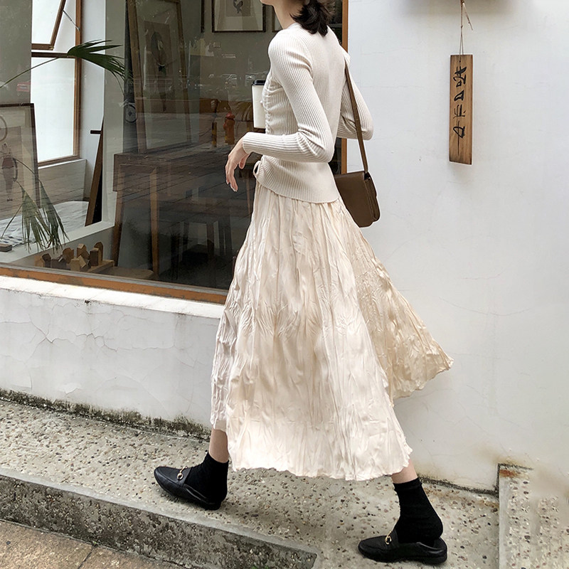 High-waist pleated skirt women's mid-length version 2022 autumn large size fat mm long skirt with crotch and large swing A-line pleated skirt