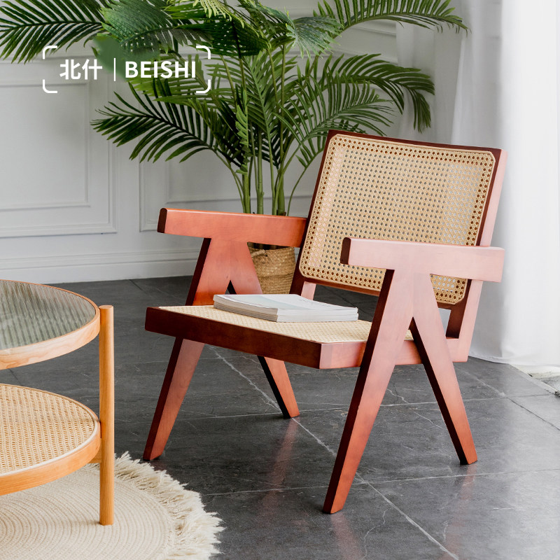 Beishi retro solid wood rattan dining chair Nordic leisure single chair designer modern minimalist backrest leisure sofa