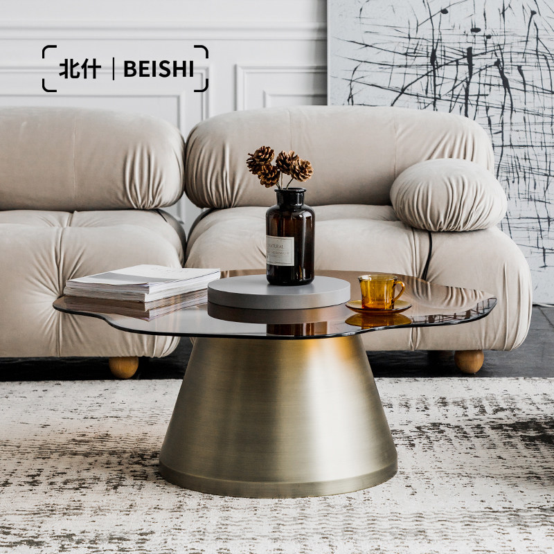 Nordic ins glass tea table light luxury metal retro sofa side table home creative personality tempered round coffee table