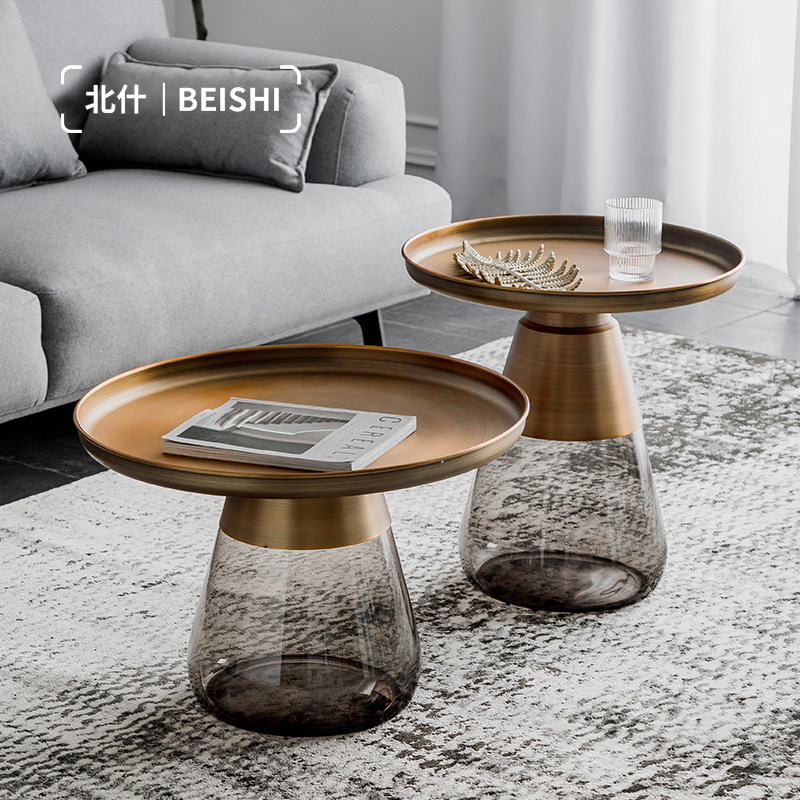 Round glass coffee table bell postmodern living room sofa metal corner table Nordic transparent side table high and low combination