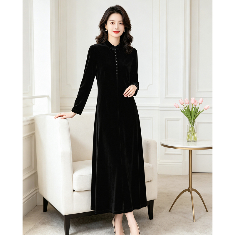 Black Velvet Dress, New Autumn Style, Elegant and Stylish Long Dress, Loose and Slimming, High-End Women's Dress