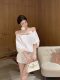 Niche flower one-line off-shoulder hip skirt summer new high-end shirt dress mid-sleeve slim short skirt for women