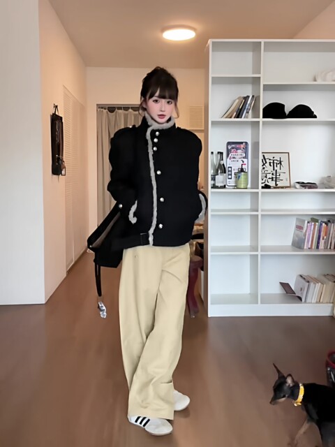 New Style Hot Girl Style Black Fur Stand-Up Collar Woolen Outwear for Women in Autumn and Winter, High-End Loose Short Jacket Top