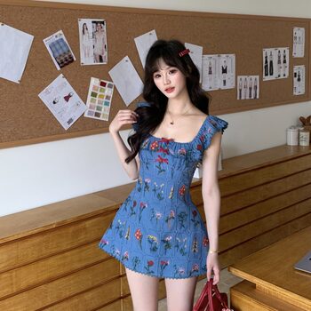Night Blue Vine Flower Style French Heavy Embroidery Small Flutter Sleeve Dress, Fashionable Retro Unique A-Line Dress for Women in Summer