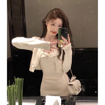 Elegant and Sophisticated Hand-Stitched Rhinestone Knit Cardigan Jacket for Women, Stylish and Trendy Dress Set