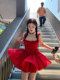 French-Style Ballet Dress with Bow Tie, Strapless Waist-Cinching Slip Dress, Summer Red Vacation First Love Short Dress
